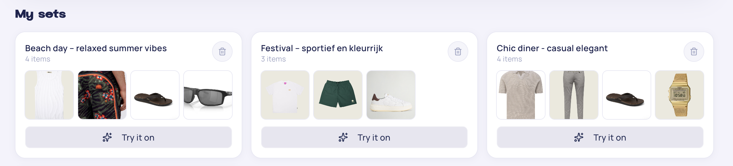 Drie opgeslagen setjes in HeyMilly: Beach day, Festival en Chic diner, elk met de bijbehorende kledingstukken en een knop om het setje op model te bekijken.
